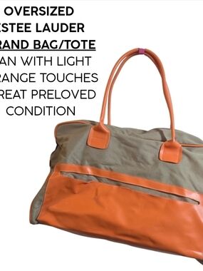 Estée Lauder Oversized Tan w/ Orange Trim Promotional Tote + Travel Bag